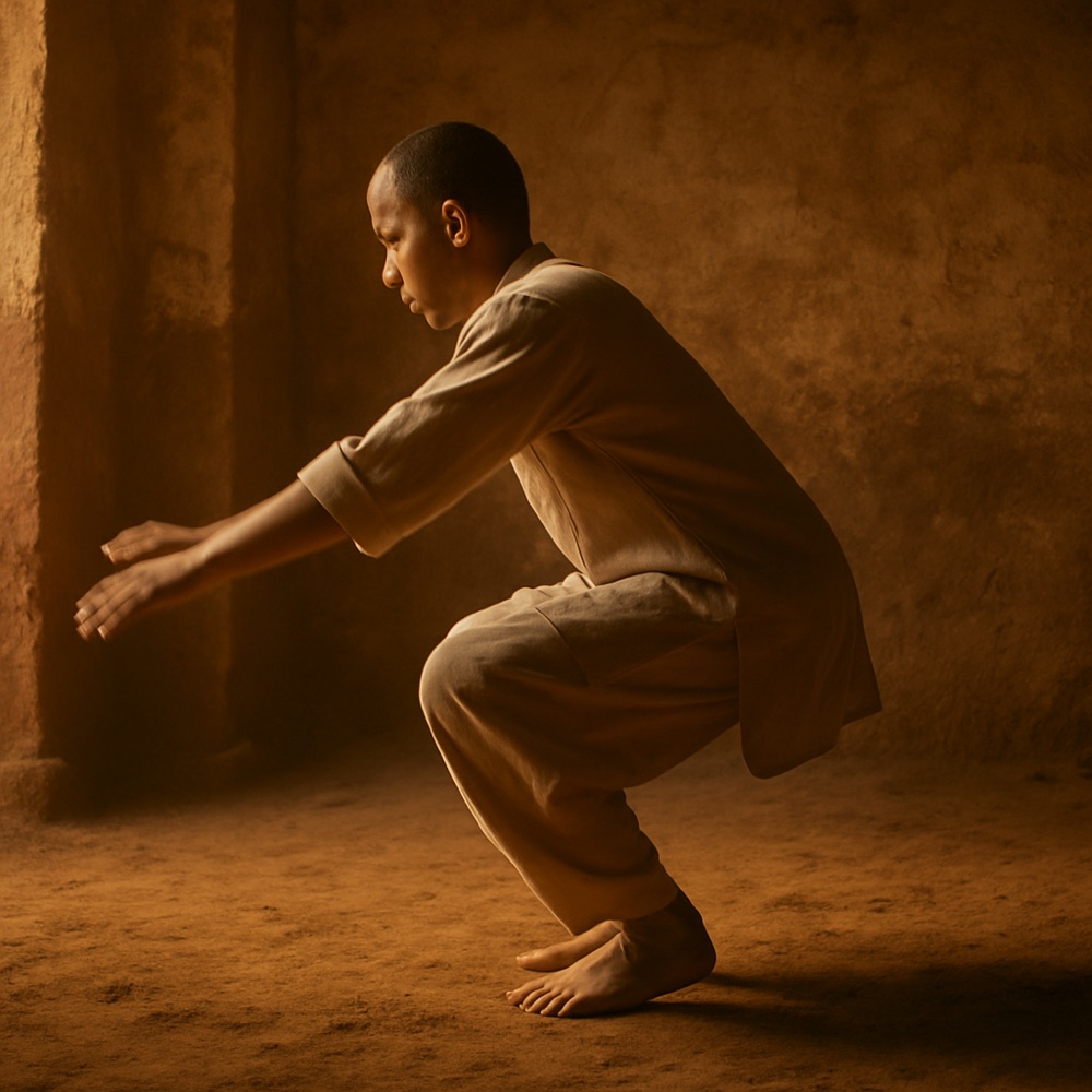 A figure deep in a baithak, heels lifted and knees forward, arms swinging.