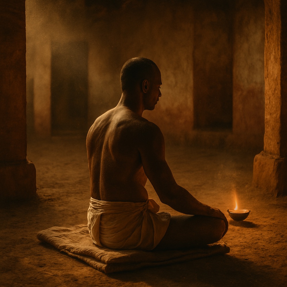 A figure seated cross-legged in a dim courtyard at first light, an oil lamp nearby.