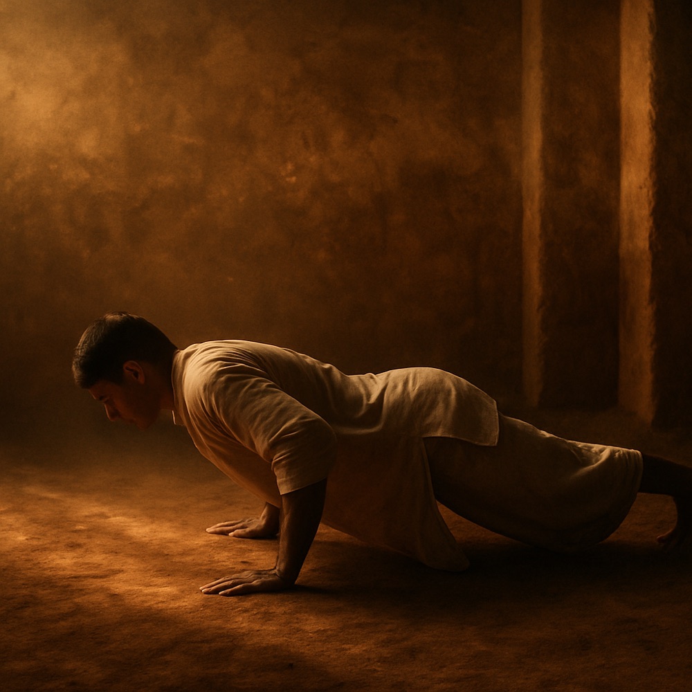 A figure low in a dand, sweeping close to the ground with straight arms.