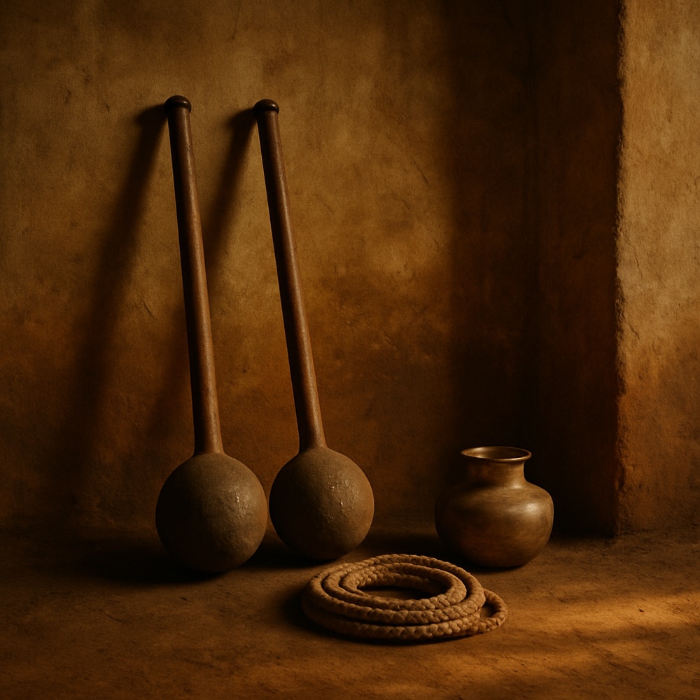 A heavy stone-and-wood gada resting against a lime-washed wall, its head worn smooth.