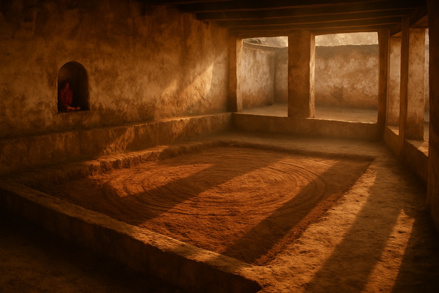 An empty akhada courtyard at dawn, its pit of red earth raked smooth, light falling through the pillars.