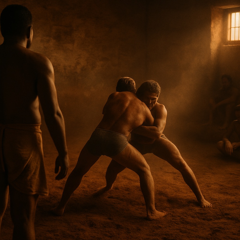 Two wrestlers grappling in a pit of loose red earth, others watching from the edge.