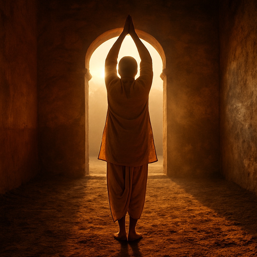 A figure mid sun-salutation on turned earth at sunrise, arms raised, a long shadow behind.
