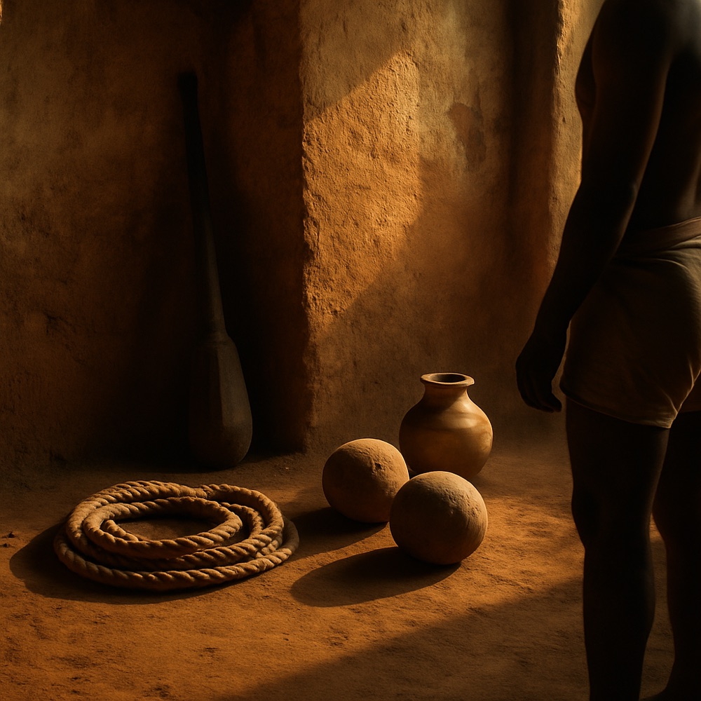 An akhada corner in morning light — rope, stone weights, a gada, a brass water pot.